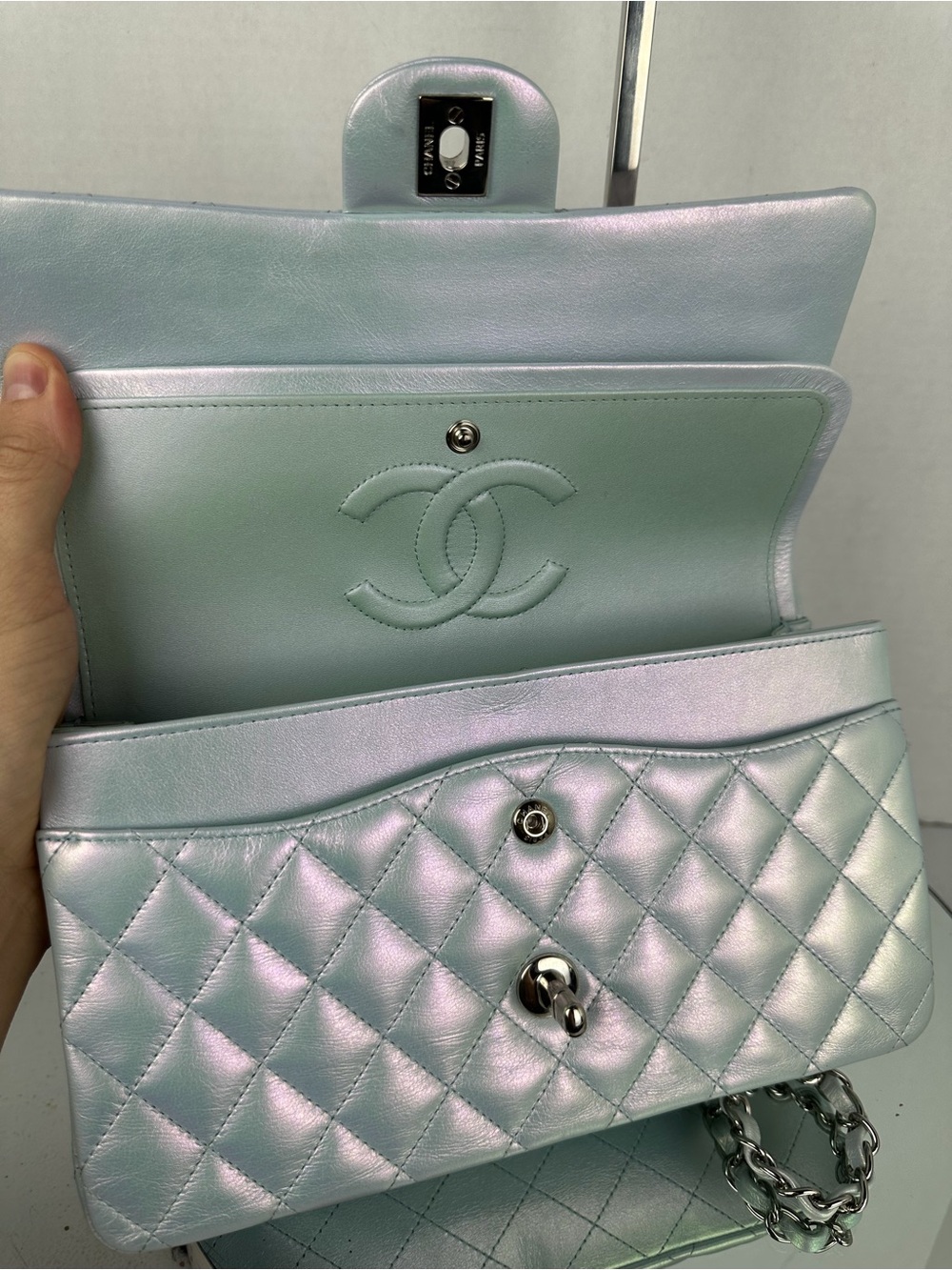 ❌SOLD IN BUNDLE❌Iridescent Light Blue Classic Double Flap Medium Silver Hardware - Picture 10 of 14
